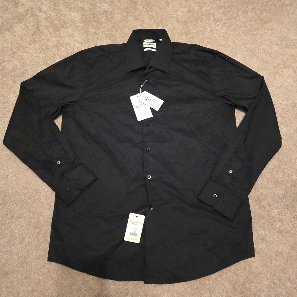 Lucky Brand Shirt Mens 16.5 34/35 Black Solid Slim Fit Stretch Dress Shirt